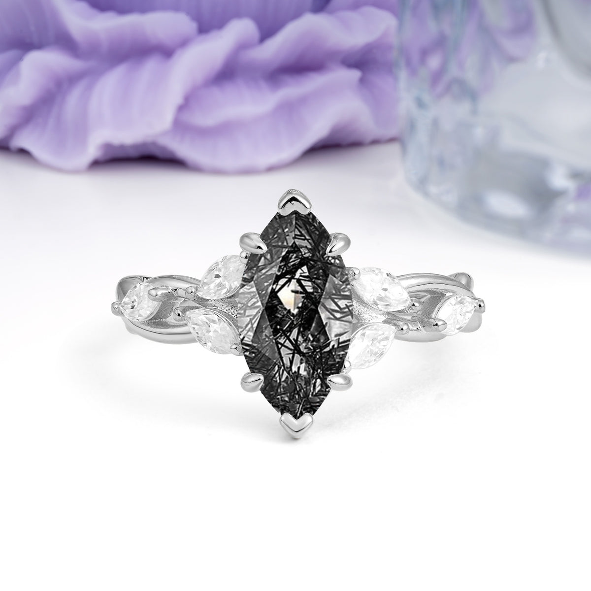 Elegant Forest Branch Multi Marquise Side Accent Long Marquise Cut Black Rutilated Quartz Engagement Ring - Additional view