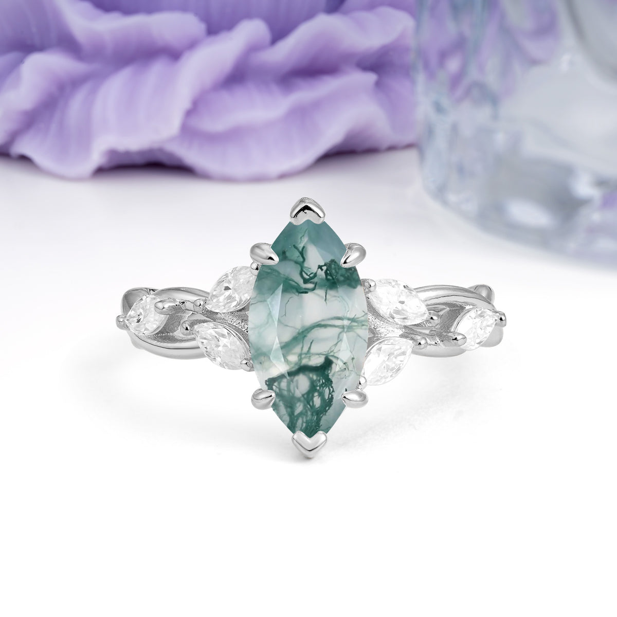 Elegant Forest Branch Multi Marquise Side Accent Long Marquise Cut Moss Agate Engagement Ring - Additional view