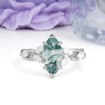 Elegant Forest Branch Multi Marquise Side Accent Long Marquise Cut Moss Agate Engagement Ring - Additional view
