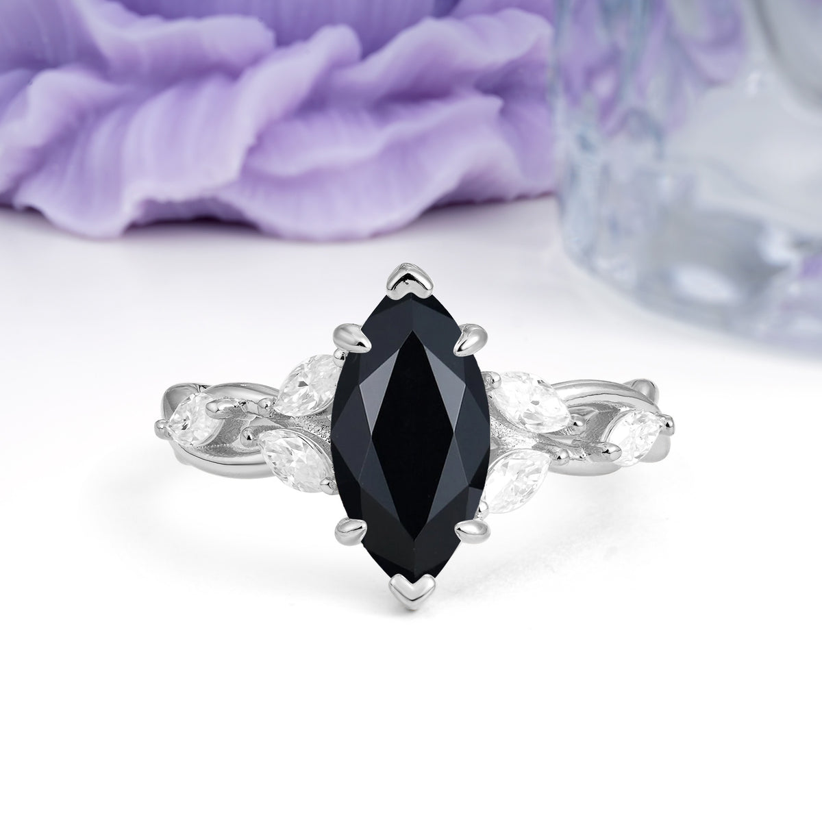 Elegant Forest Branch Multi Marquise Side Accent Long Marquise Cut Black Onyx Engagement Ring - Additional view