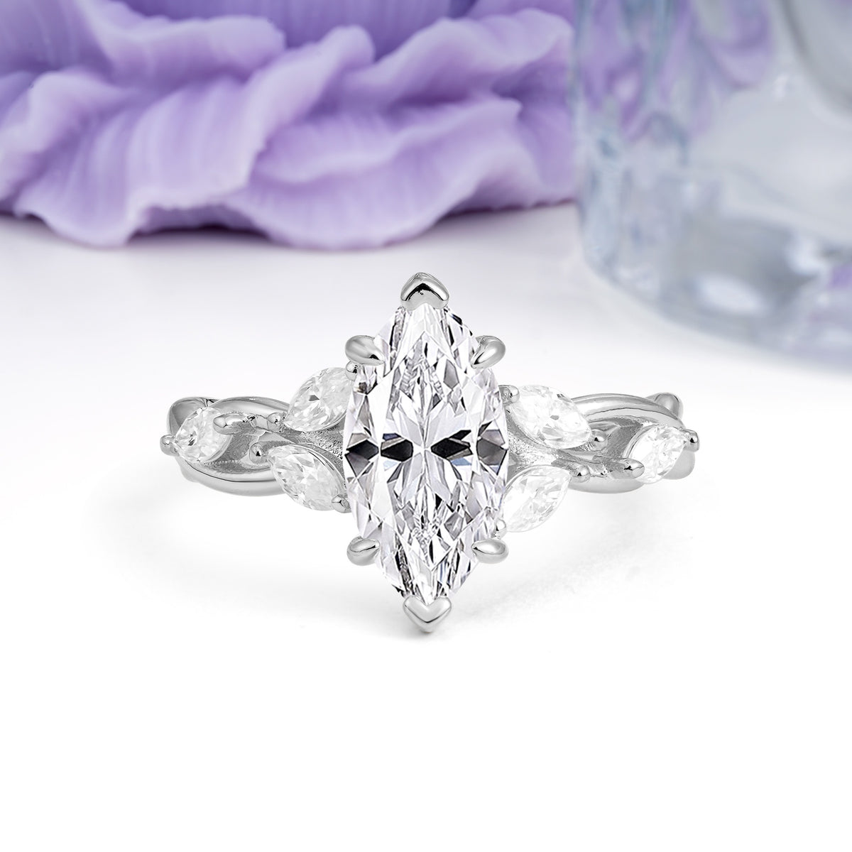 Elegant Forest Branch Multi Marquise Side Accent Long Marquise Cut Lab Diamond Engagement Ring - Additional view