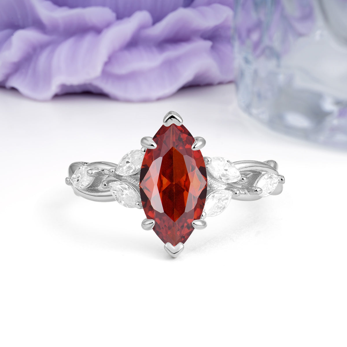 Elegant Forest Branch Multi Marquise Side Accent Long Marquise Cut Garnet Engagement Ring - Additional view