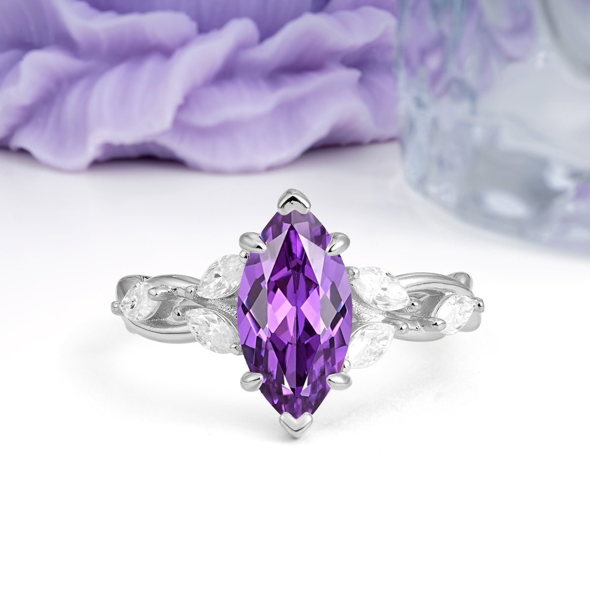 Elegant Forest Branch Multi Marquise Side Accent Long Marquise Cut Amethyst Engagement Ring - Additional view