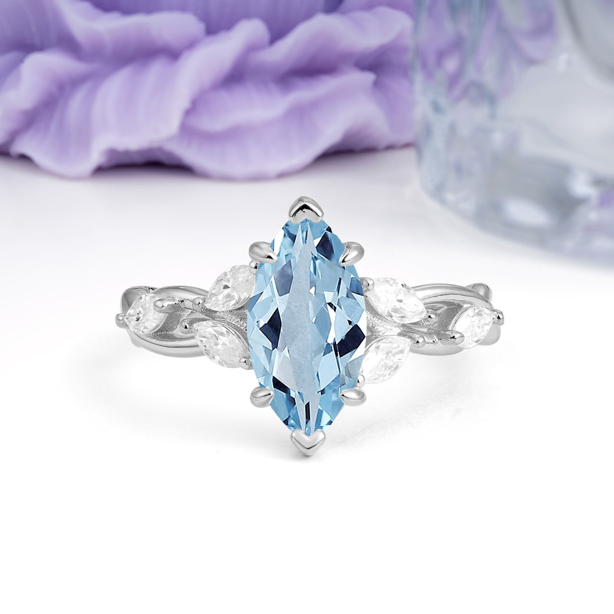 Elegant Forest Branch Multi Marquise Side Accent Long Marquise Cut Aquamarine Engagement Ring - Additional view