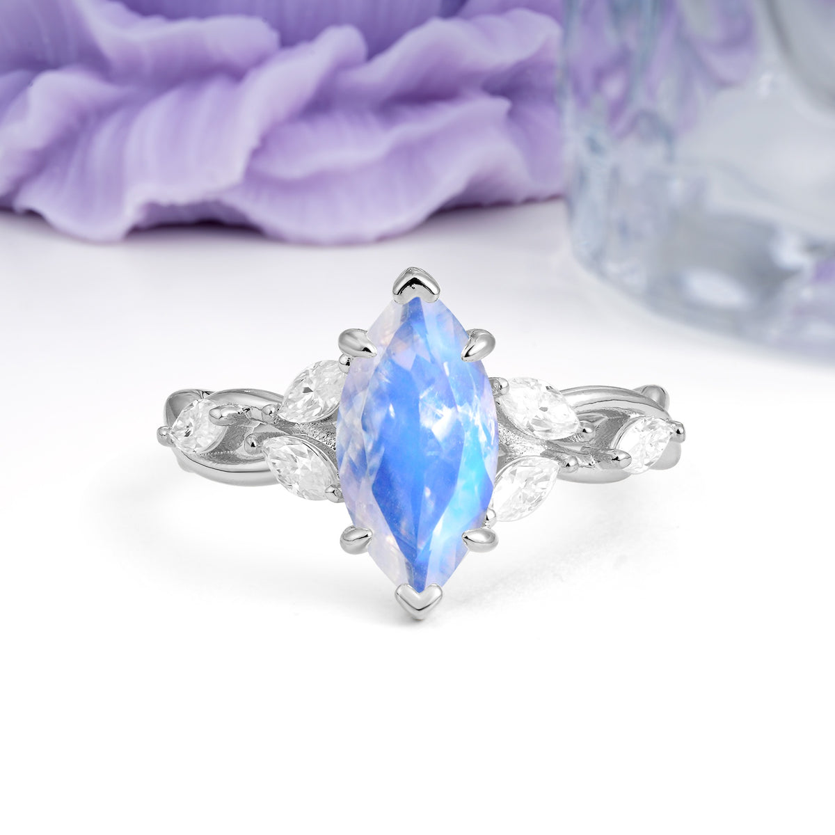 Elegant Forest Branch Multi Marquise Side Accent Long Marquise Cut Moonstone Engagement Ring - Additional view