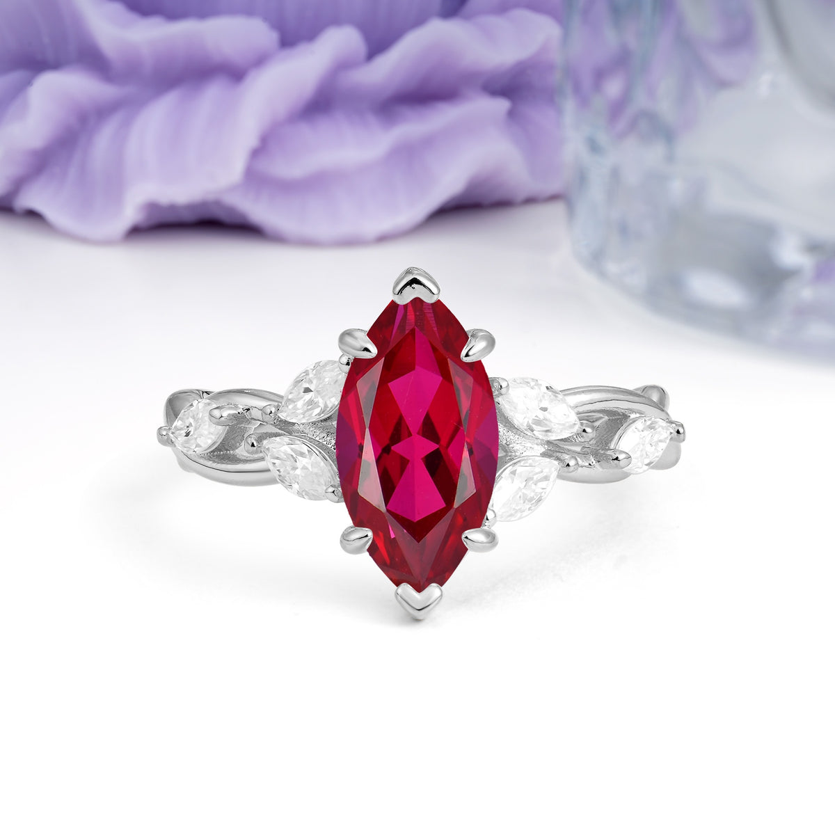 Elegant Forest Branch Multi Marquise Side Accent Long Marquise Cut Ruby Engagement Ring - Additional view