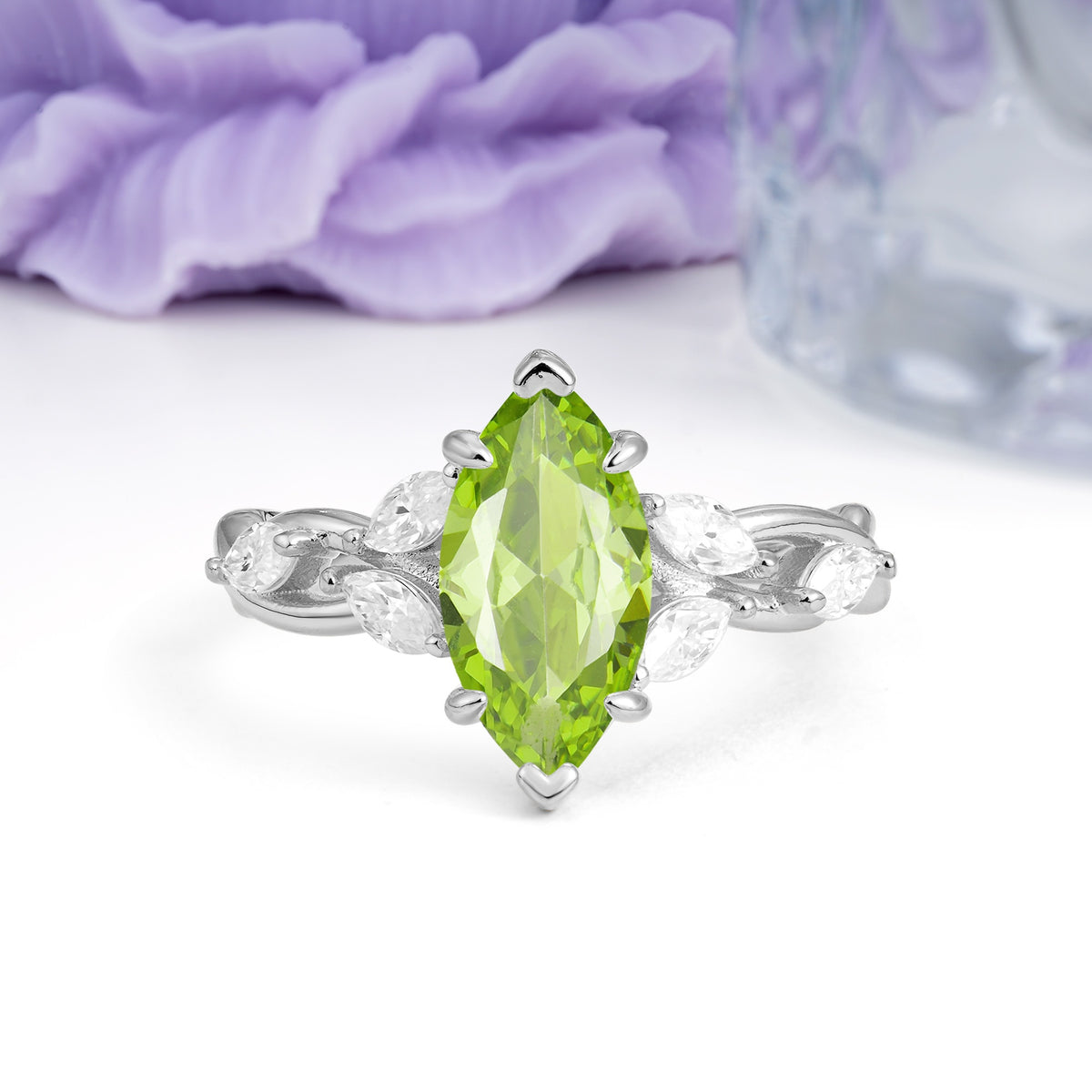 Elegant Forest Branch Multi Marquise Side Accent Long Marquise Cut Peridot Engagement Ring - Additional view