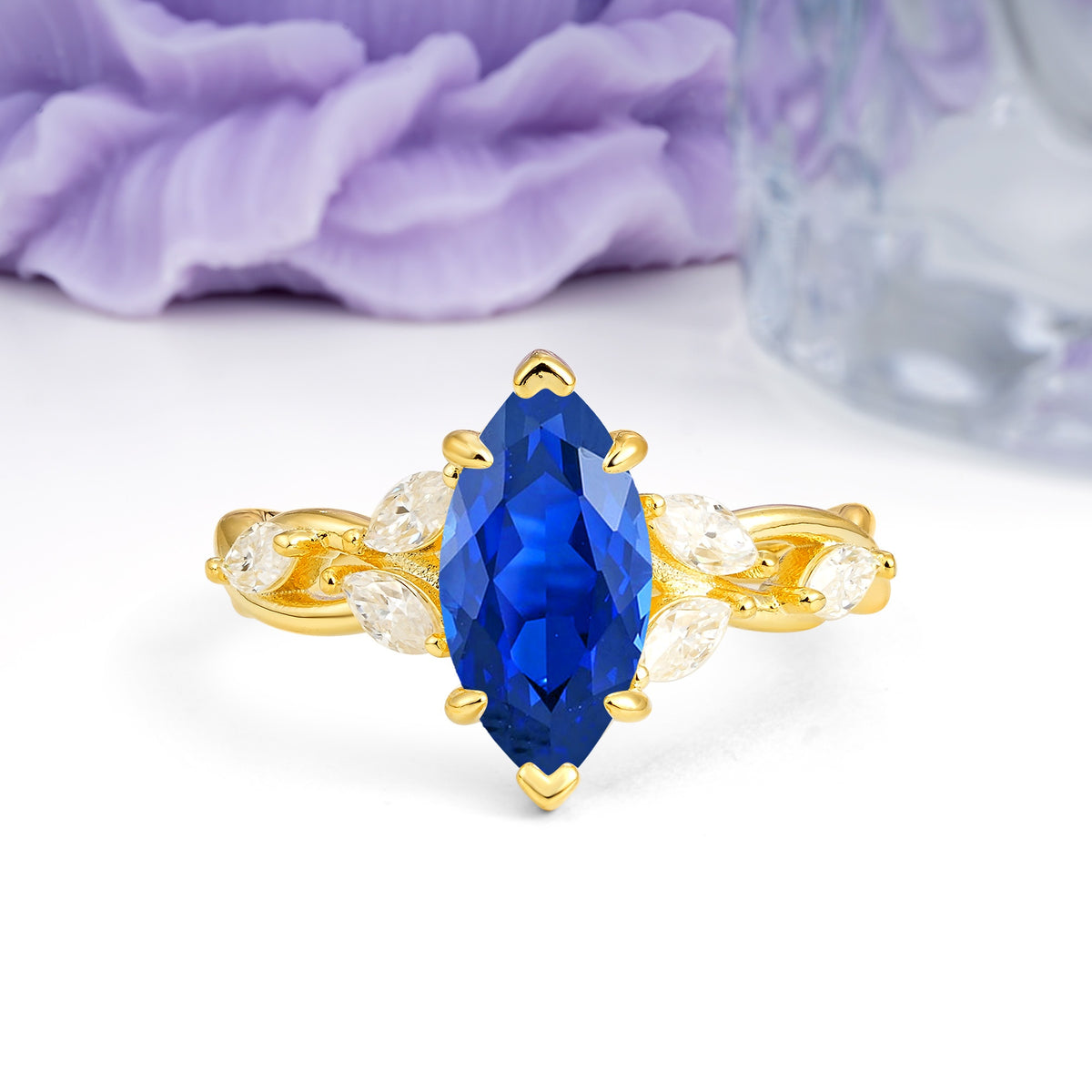 Elegant Forest Branch Multi Marquise Side Accent Long Marquise Cut Sapphire Engagement Ring - Additional view