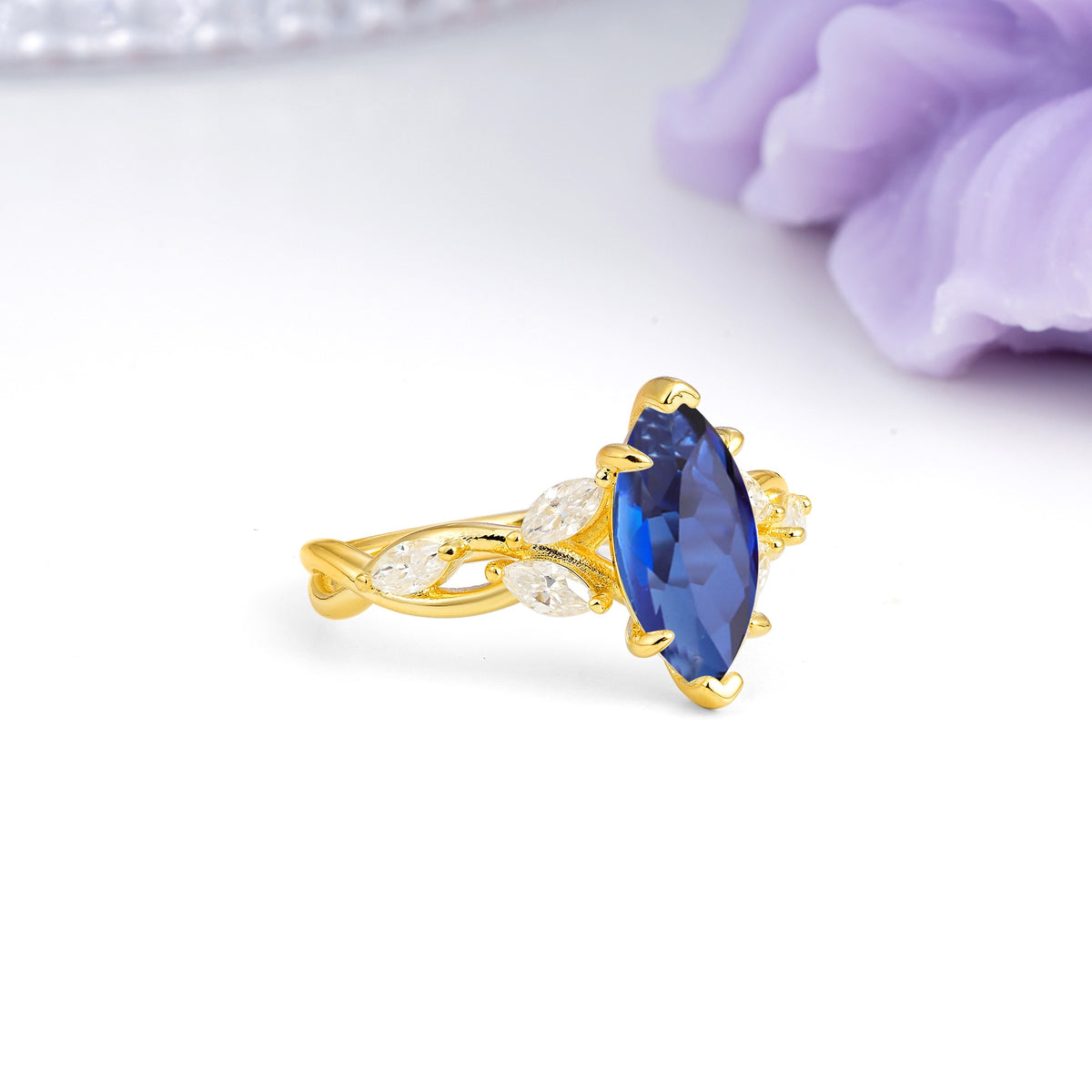Elegant Forest Branch Multi Marquise Side Accent Long Marquise Cut Sapphire Engagement Ring - Additional view