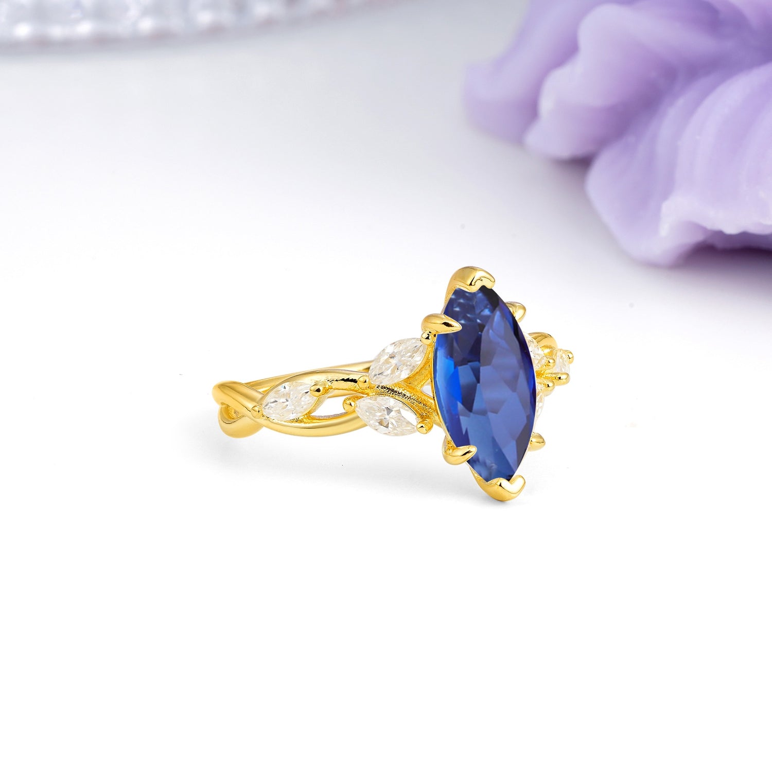 Elegant Forest Branch Multi Marquise Side Accent Long Marquise Cut Sapphire Engagement Ring - Additional view