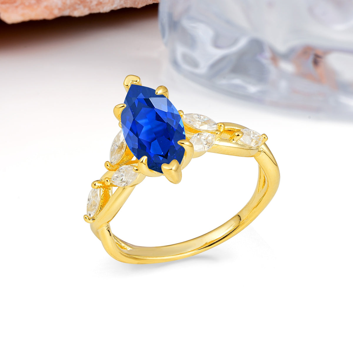 Elegant Forest Branch Multi Marquise Side Accent Long Marquise Cut Sapphire Engagement Ring - Additional view
