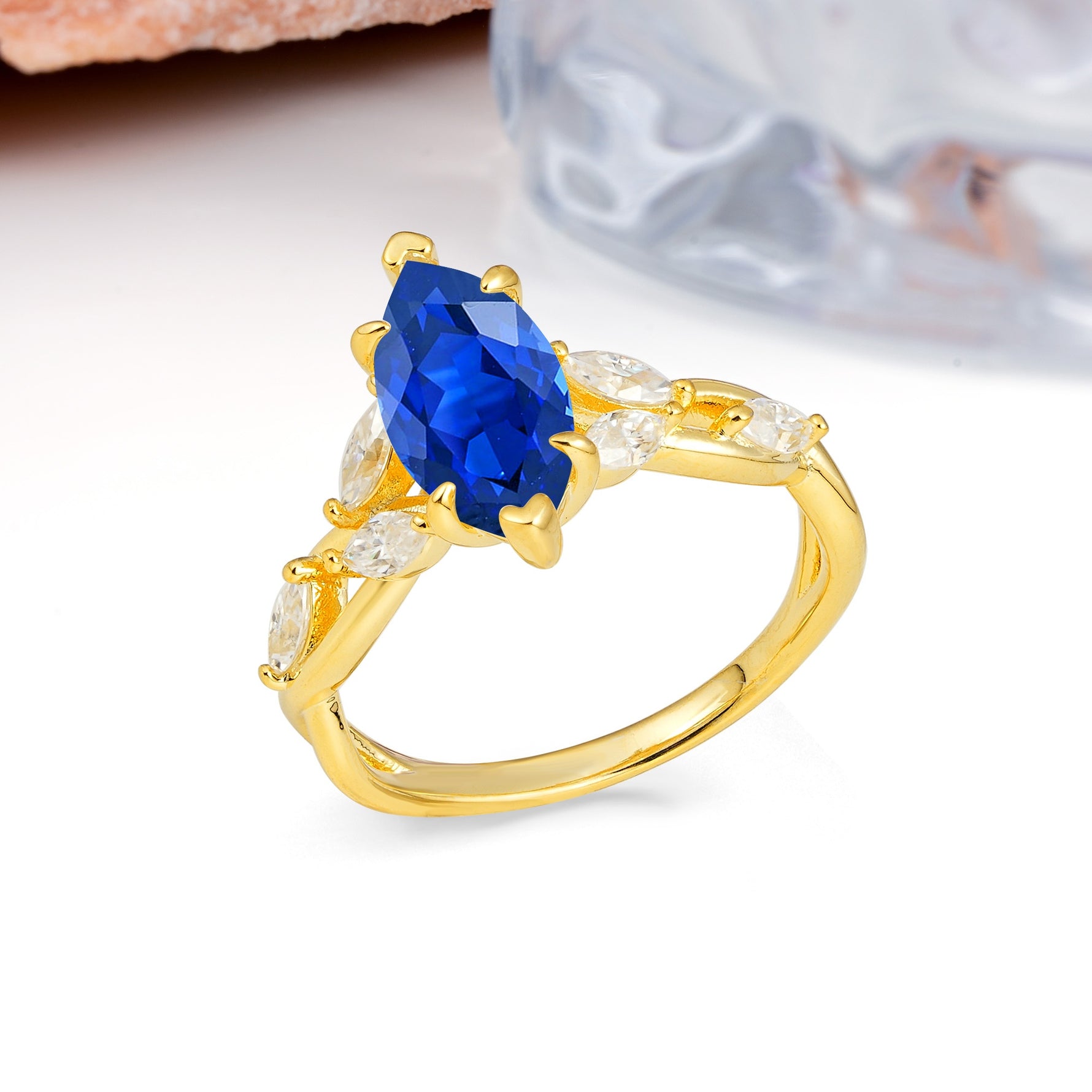 Elegant Forest Branch Multi Marquise Side Accent Long Marquise Cut Sapphire Engagement Ring - Additional view