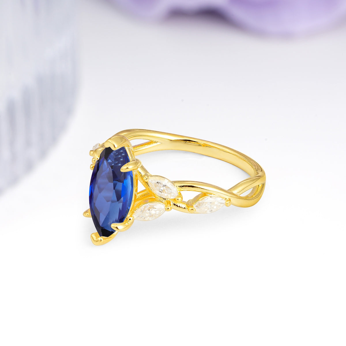 Elegant Forest Branch Multi Marquise Side Accent Long Marquise Cut Sapphire Engagement Ring - Additional view