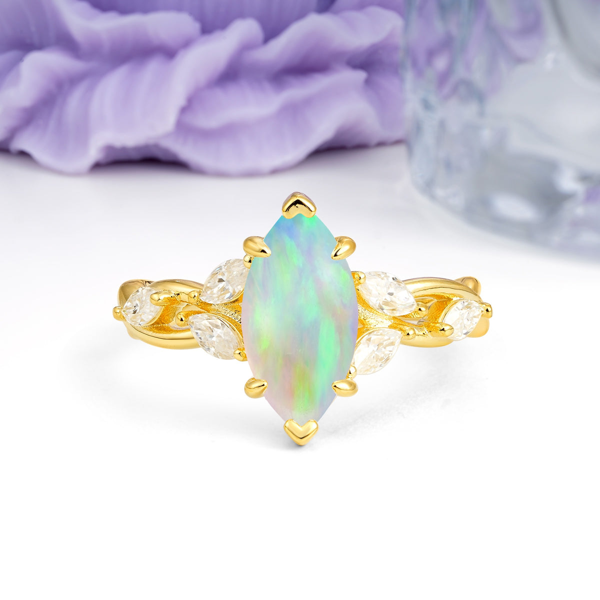 Elegant Forest Branch Multi Marquise Side Accent Long Marquise Cut Fire Opal Engagement Ring - Additional view