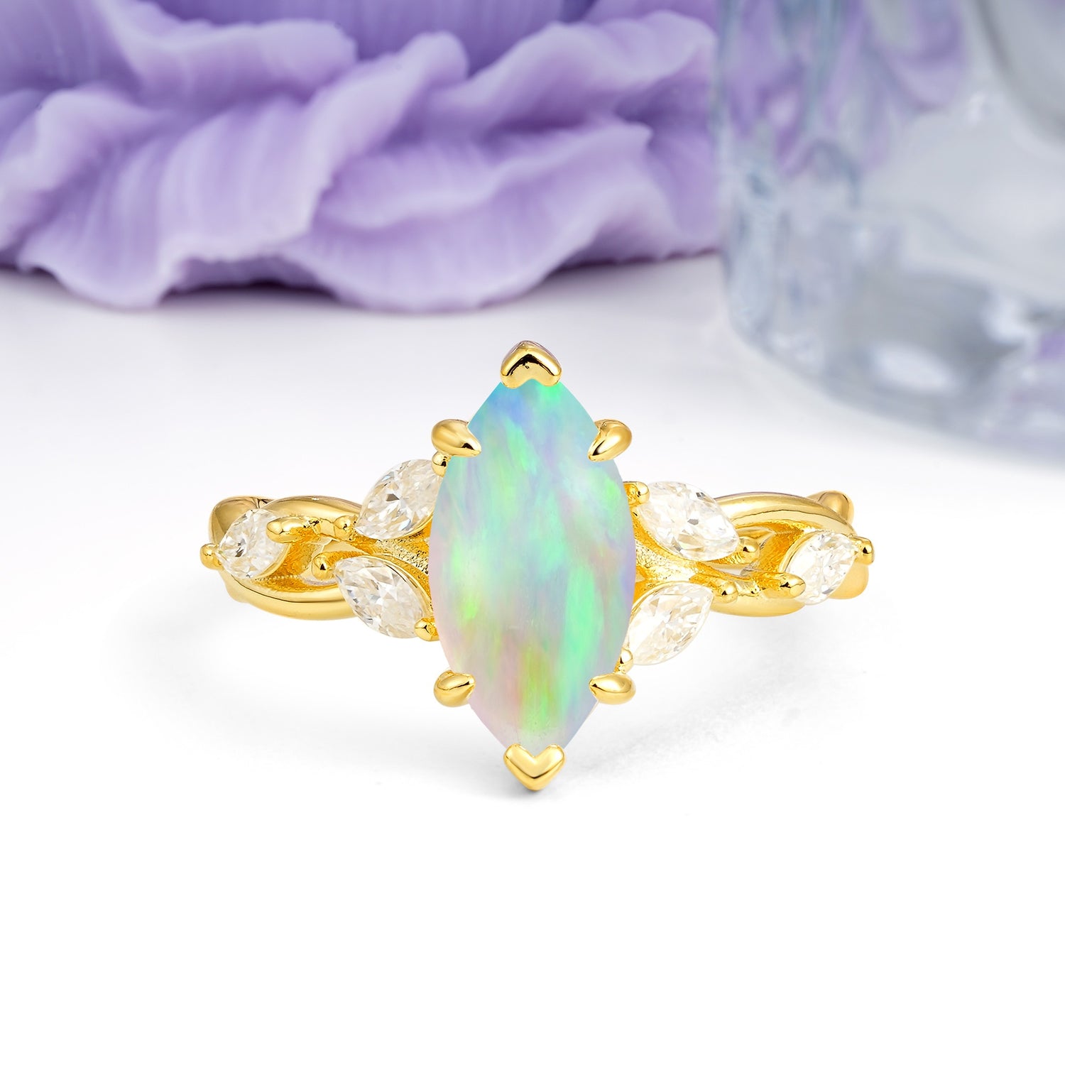 Elegant Forest Branch Multi Marquise Side Accent Long Marquise Cut Fire Opal Engagement Ring - Additional view