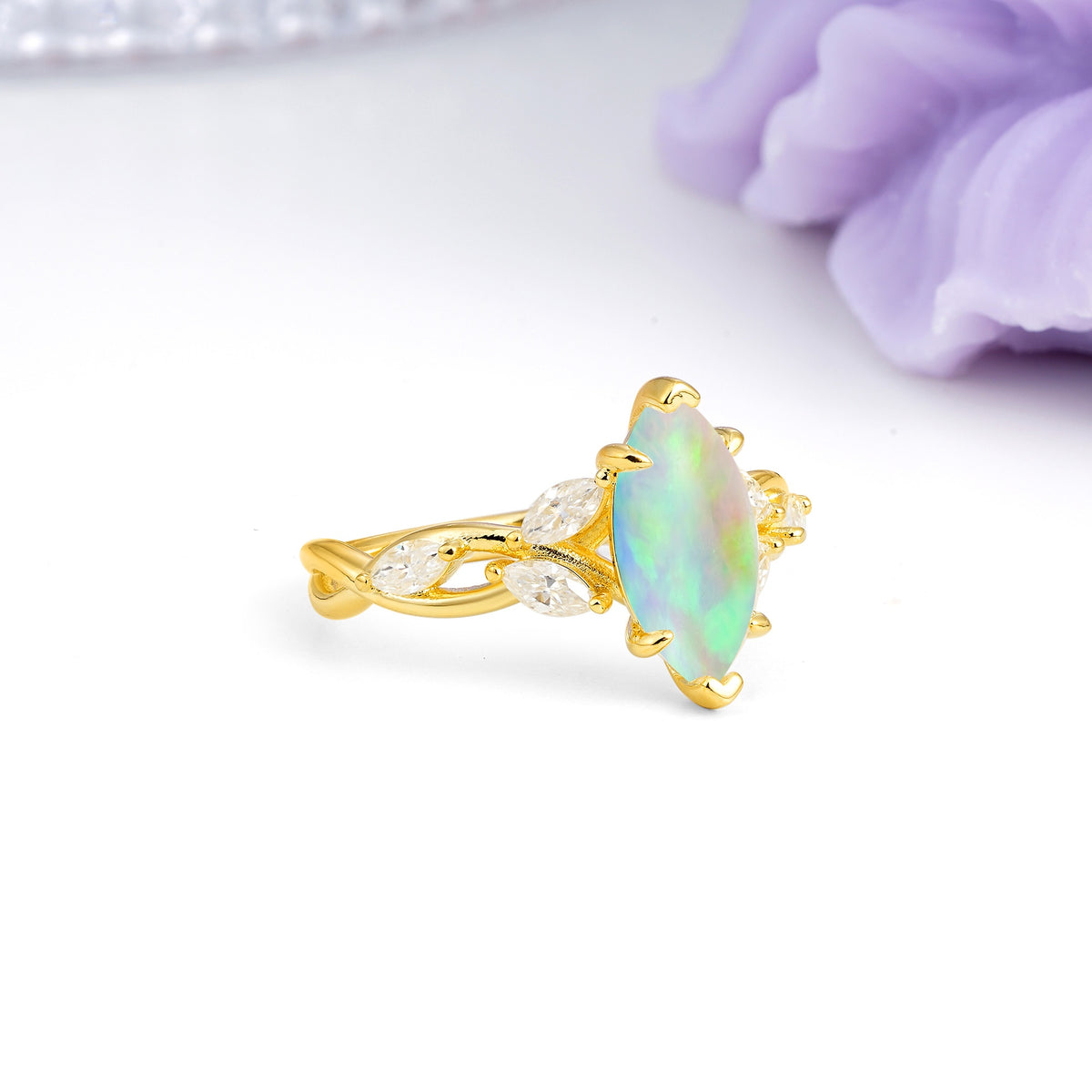 Elegant Forest Branch Multi Marquise Side Accent Long Marquise Cut Fire Opal Engagement Ring - Additional view