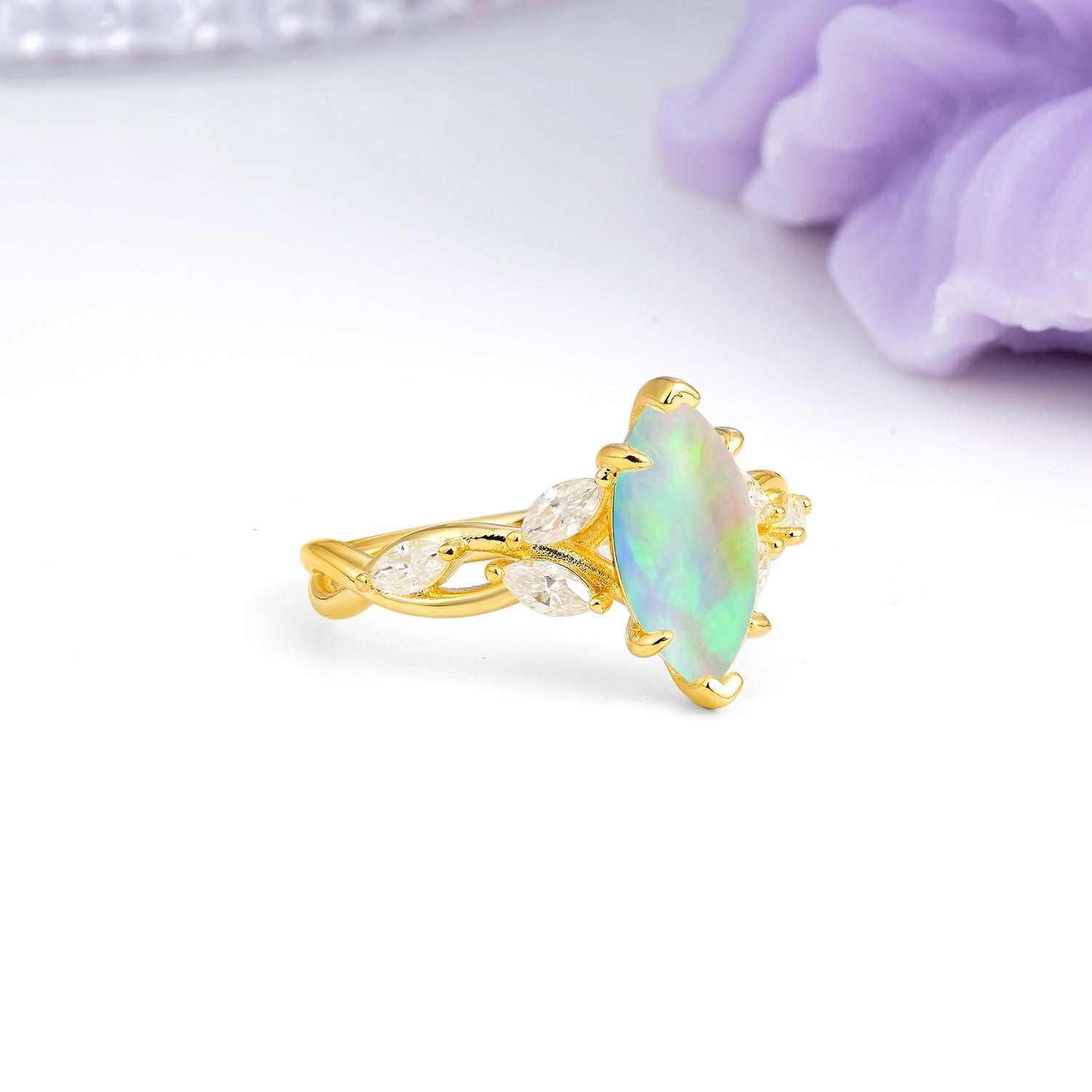 Elegant Forest Branch Multi Marquise Side Accent Long Marquise Cut Fire Opal Engagement Ring - Additional view