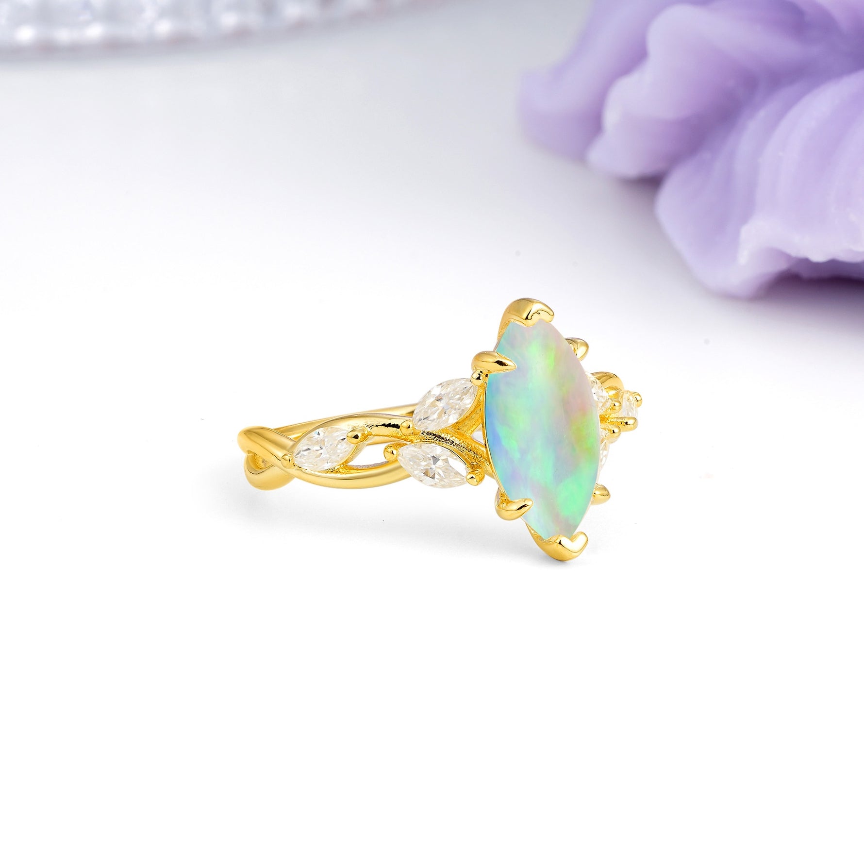 Elegant Forest Branch Multi Marquise Side Accent Long Marquise Cut Fire Opal Engagement Ring - Additional view