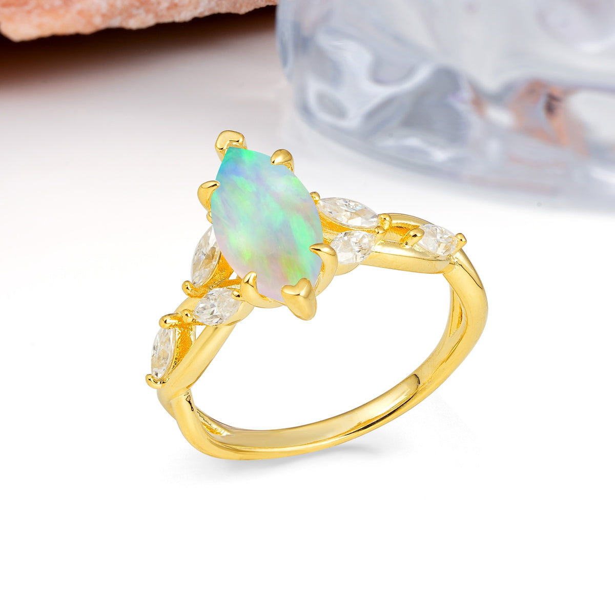 Elegant Forest Branch Multi Marquise Side Accent Long Marquise Cut Fire Opal Engagement Ring - Additional view