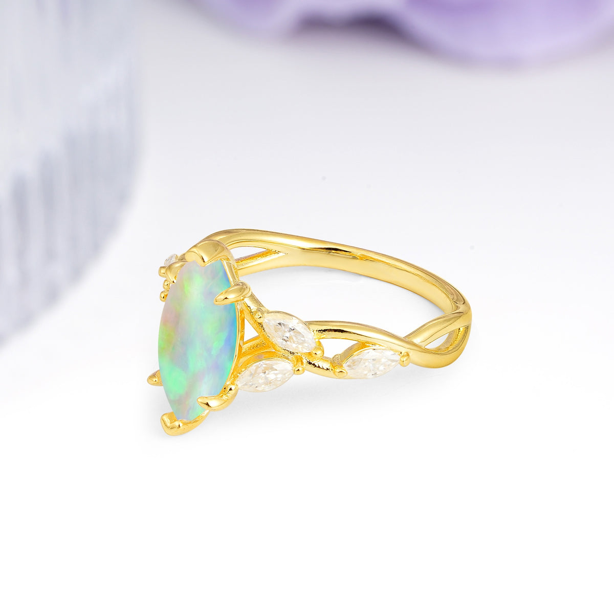 Elegant Forest Branch Multi Marquise Side Accent Long Marquise Cut Fire Opal Engagement Ring - Additional view