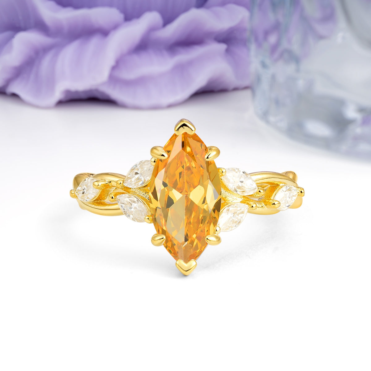 Elegant Forest Branch Multi Marquise Side Accent Long Marquise Cut Citrine Engagement Ring - Additional view