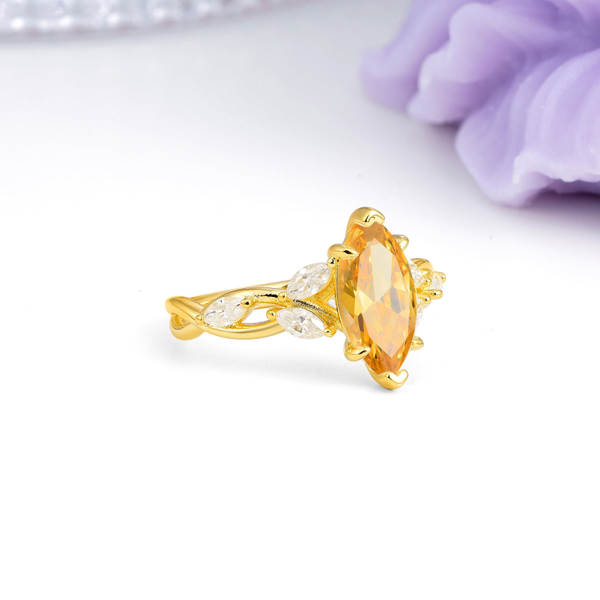 Elegant Forest Branch Multi Marquise Side Accent Long Marquise Cut Citrine Engagement Ring - Additional view