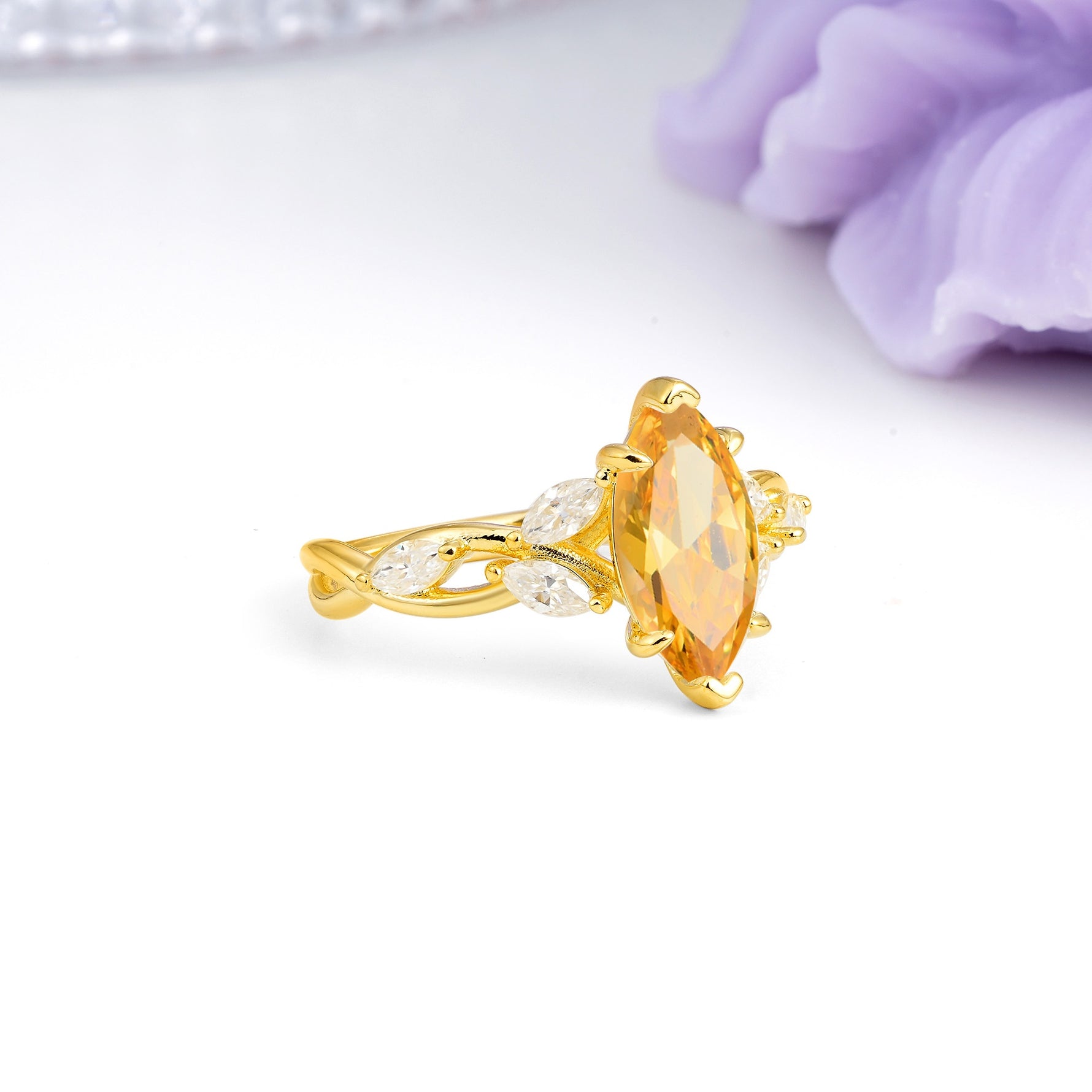 Elegant Forest Branch Multi Marquise Side Accent Long Marquise Cut Citrine Engagement Ring - Additional view