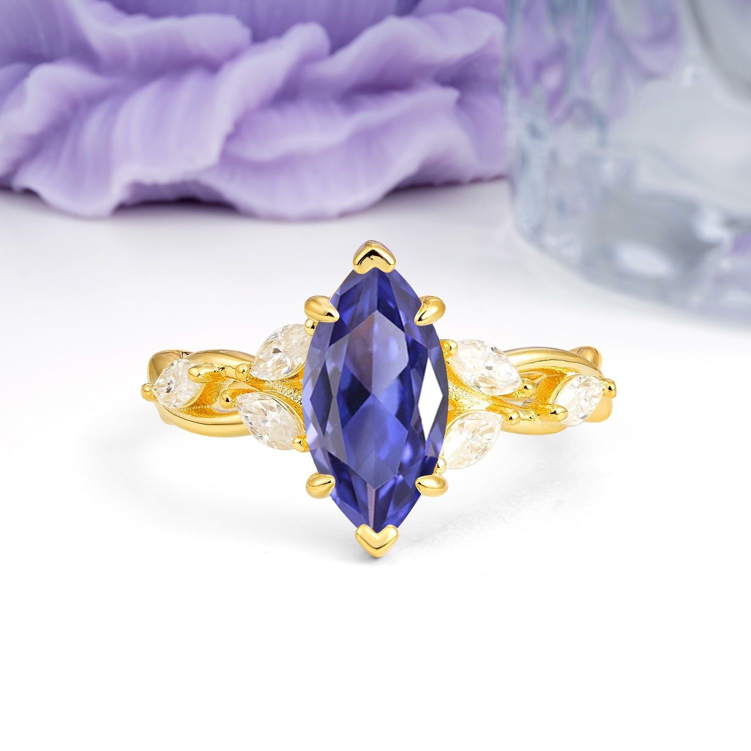 Elegant Forest Branch Multi Marquise Side Accent Long Marquise Cut Tanzanite Engagement Ring - Additional view