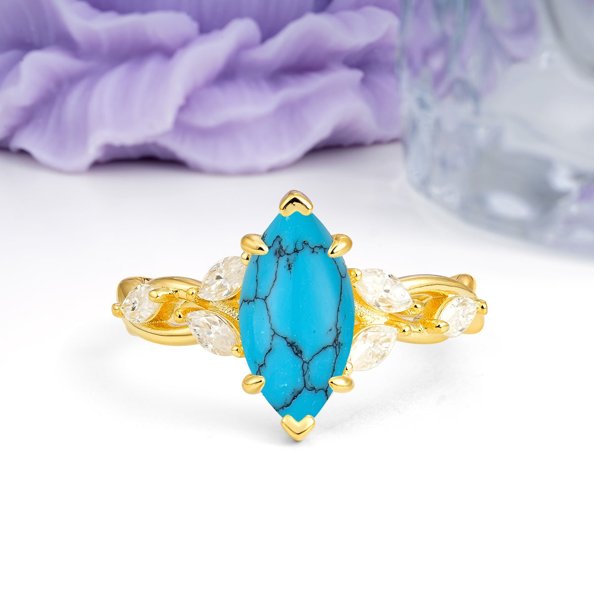Elegant Forest Branch Multi Marquise Side Accent Long Marquise Cut Turquoise Engagement Ring - Additional view