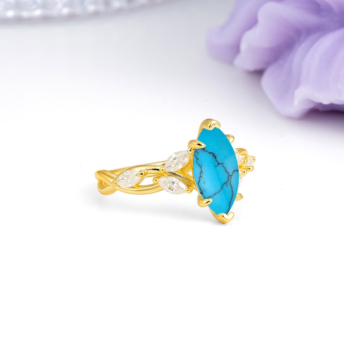 Elegant Forest Branch Multi Marquise Side Accent Long Marquise Cut Turquoise Engagement Ring - Additional view