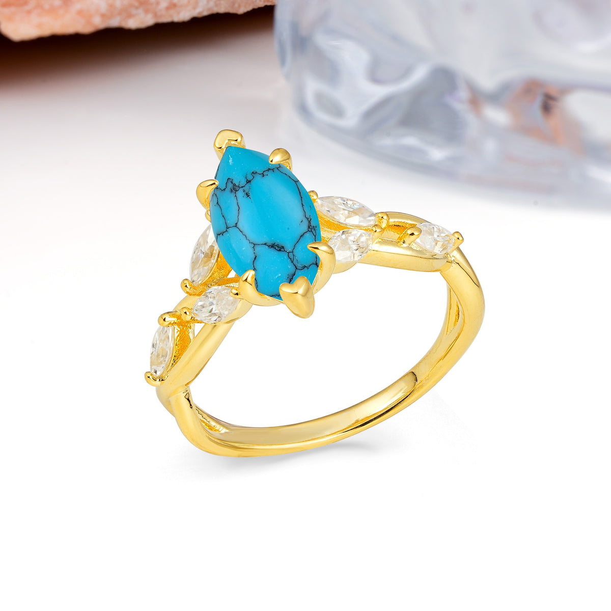 Elegant Forest Branch Multi Marquise Side Accent Long Marquise Cut Turquoise Engagement Ring - Additional view