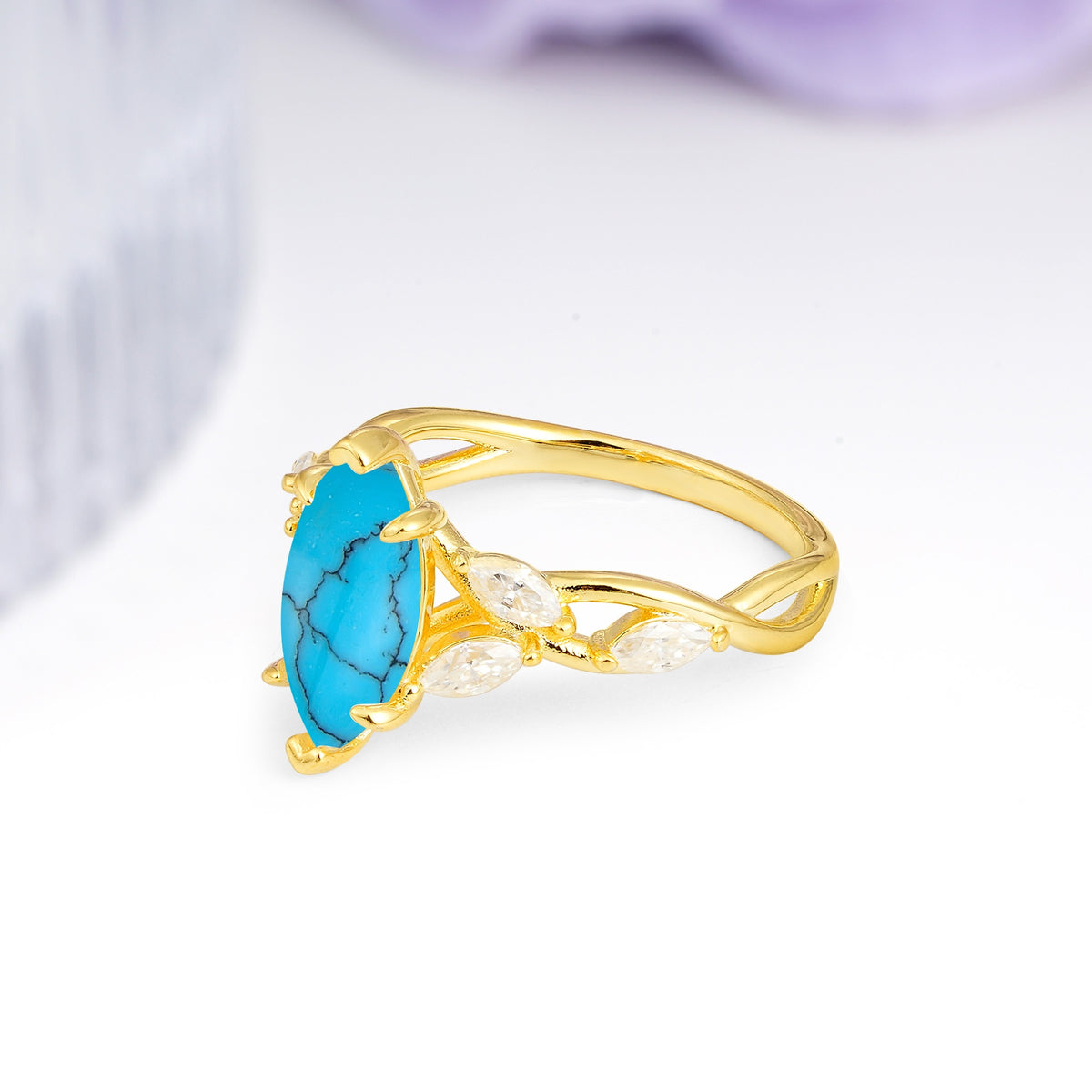 Elegant Forest Branch Multi Marquise Side Accent Long Marquise Cut Turquoise Engagement Ring - Additional view