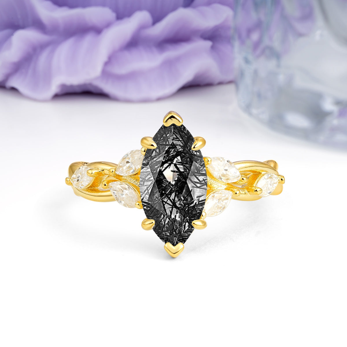 Elegant Forest Branch Multi Marquise Side Accent Long Marquise Cut Black Rutilated Quartz Engagement Ring - Additional view