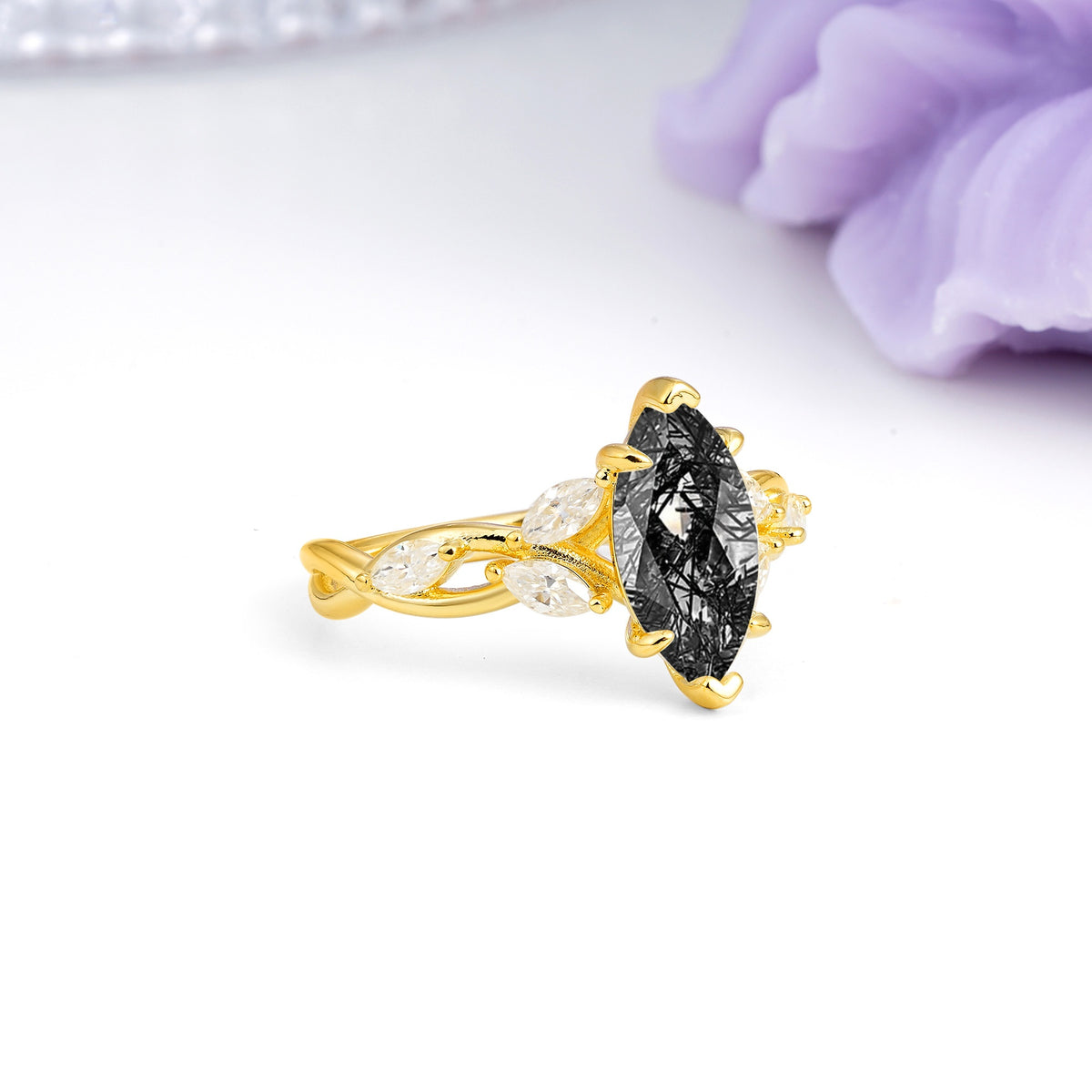 Elegant Forest Branch Multi Marquise Side Accent Long Marquise Cut Black Rutilated Quartz Engagement Ring - Additional view