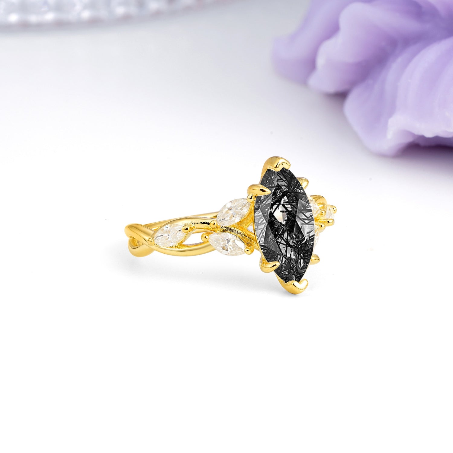 Elegant Forest Branch Multi Marquise Side Accent Long Marquise Cut Black Rutilated Quartz Engagement Ring - Additional view