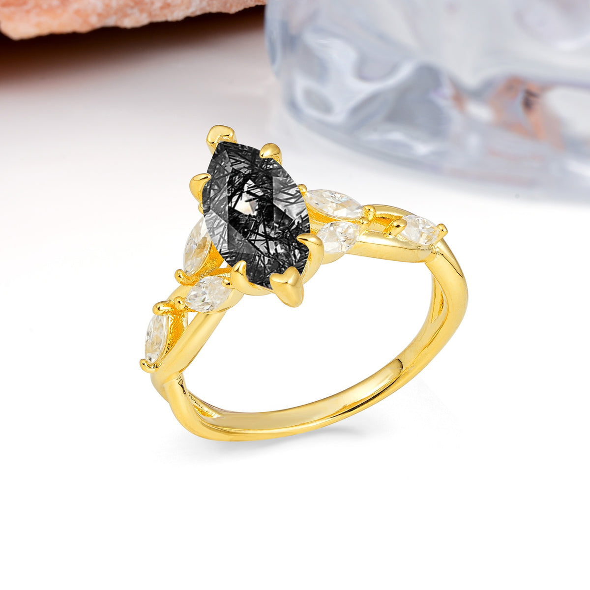 Elegant Forest Branch Multi Marquise Side Accent Long Marquise Cut Black Rutilated Quartz Engagement Ring - Additional view