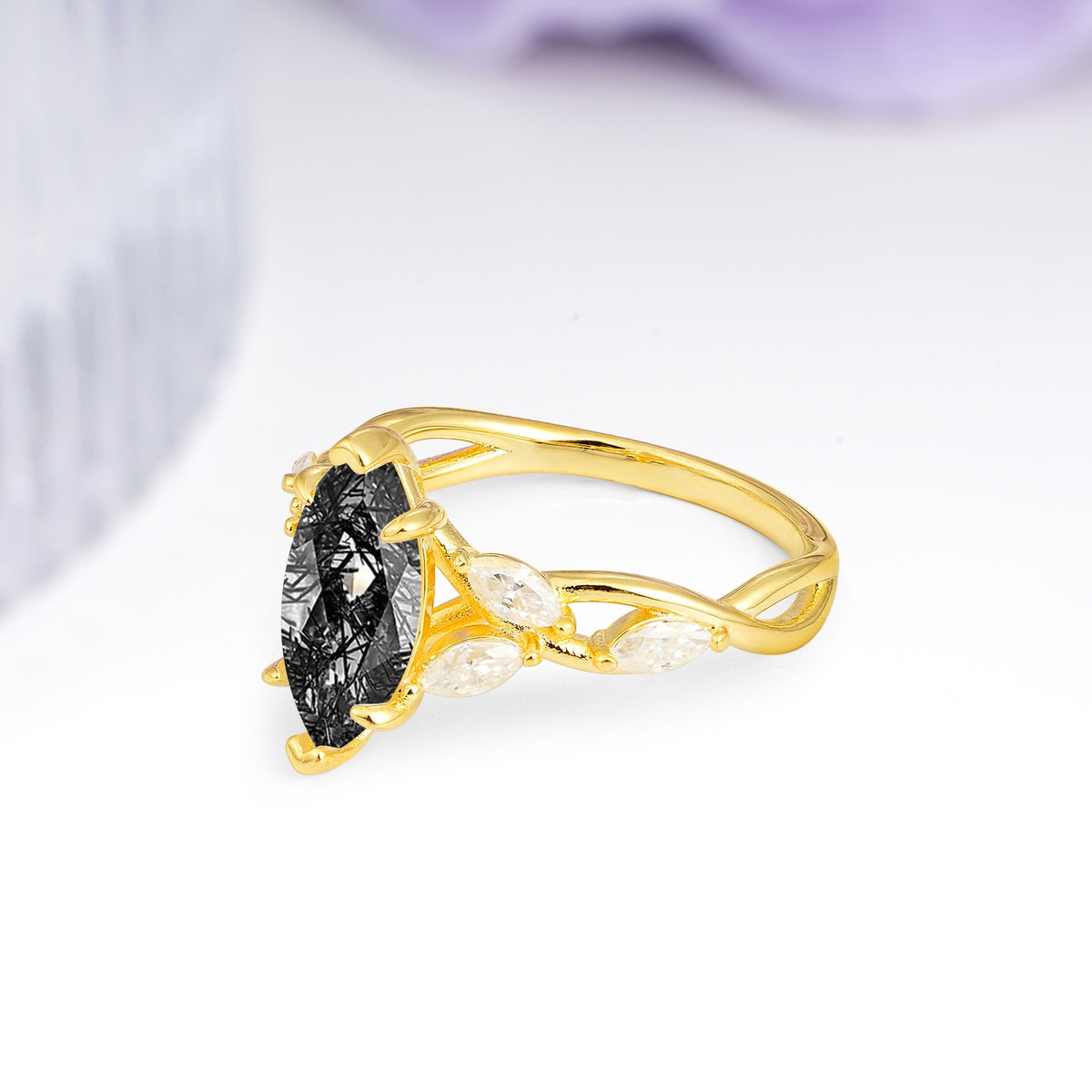 Elegant Forest Branch Multi Marquise Side Accent Long Marquise Cut Black Rutilated Quartz Engagement Ring - Additional view