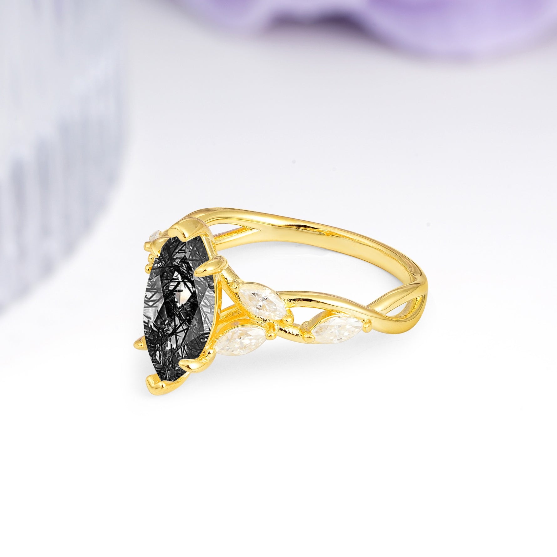 Elegant Forest Branch Multi Marquise Side Accent Long Marquise Cut Black Rutilated Quartz Engagement Ring - Additional view