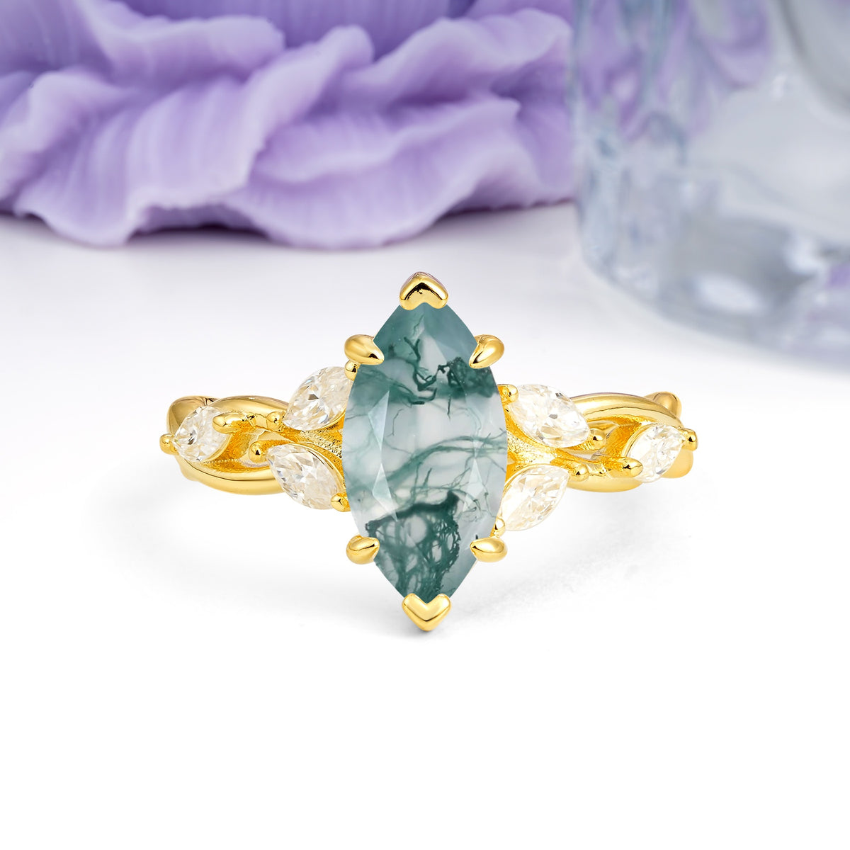 Elegant Forest Branch Multi Marquise Side Accent Long Marquise Cut Moss Agate Engagement Ring - Additional view