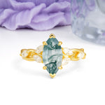 Elegant Forest Branch Multi Marquise Side Accent Long Marquise Cut Moss Agate Engagement Ring - Additional view