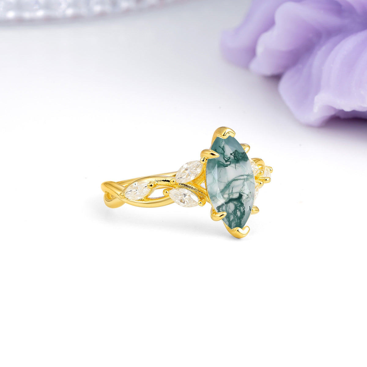 Elegant Forest Branch Multi Marquise Side Accent Long Marquise Cut Moss Agate Engagement Ring - Additional view