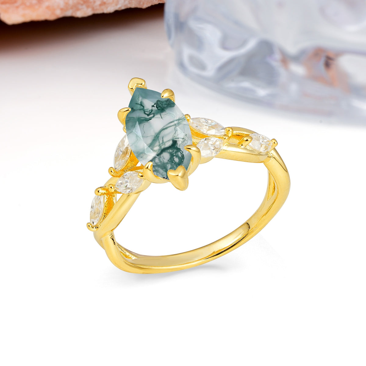 Elegant Forest Branch Multi Marquise Side Accent Long Marquise Cut Moss Agate Engagement Ring - Additional view
