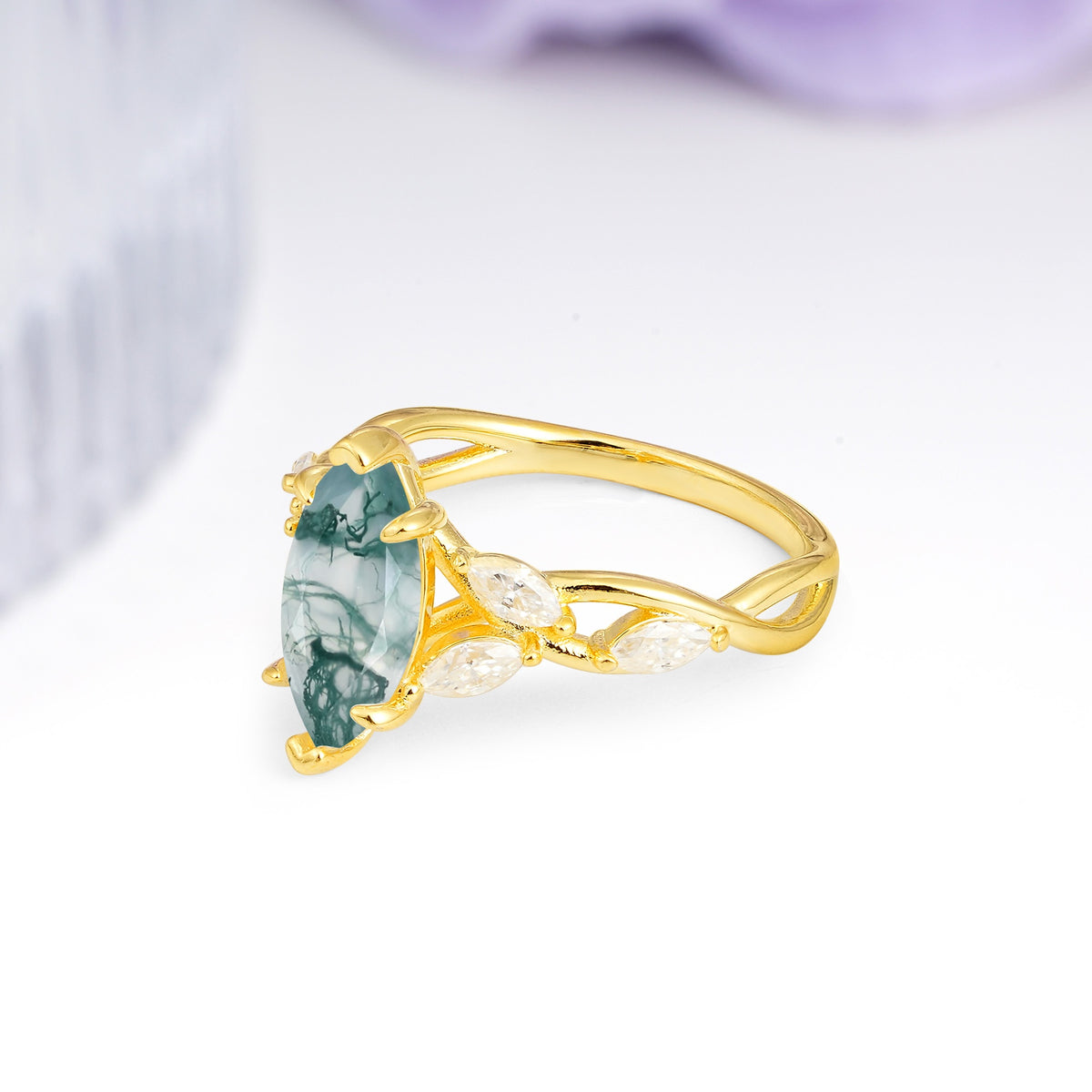 Elegant Forest Branch Multi Marquise Side Accent Long Marquise Cut Moss Agate Engagement Ring - Additional view