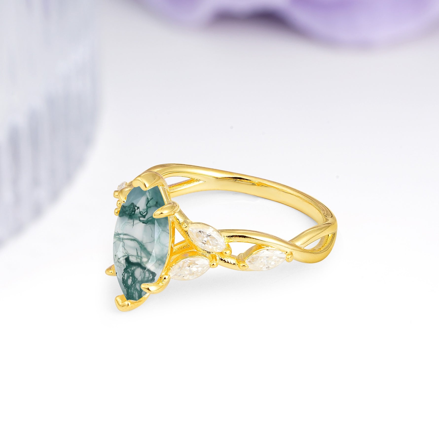 Elegant Forest Branch Multi Marquise Side Accent Long Marquise Cut Moss Agate Engagement Ring - Additional view