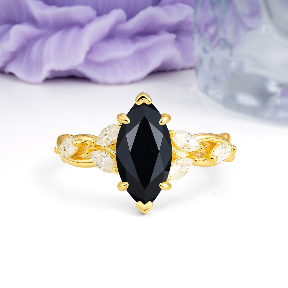 Elegant Forest Branch Multi Marquise Side Accent Long Marquise Cut Black Onyx Engagement Ring - Additional view