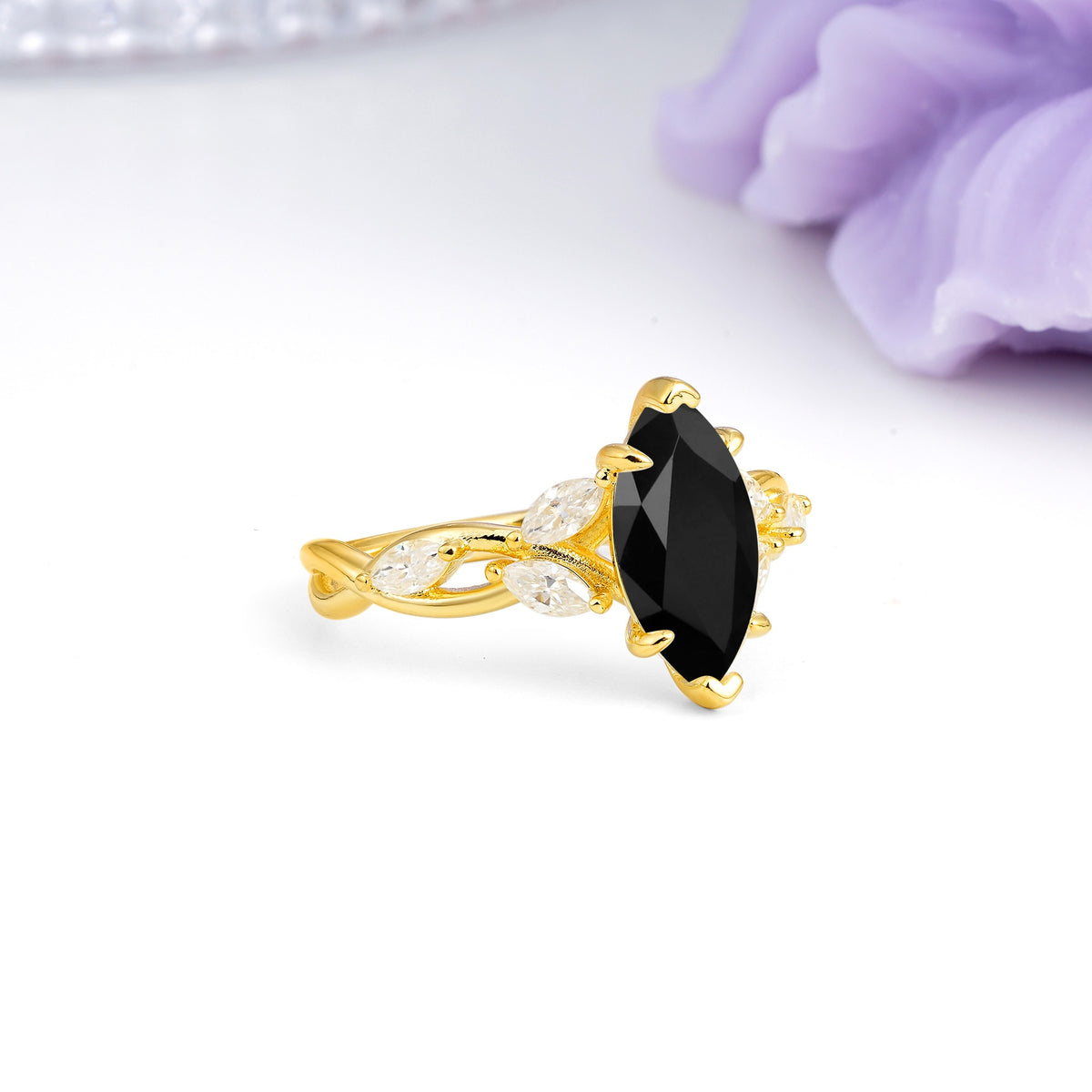 Elegant Forest Branch Multi Marquise Side Accent Long Marquise Cut Black Onyx Engagement Ring - Additional view