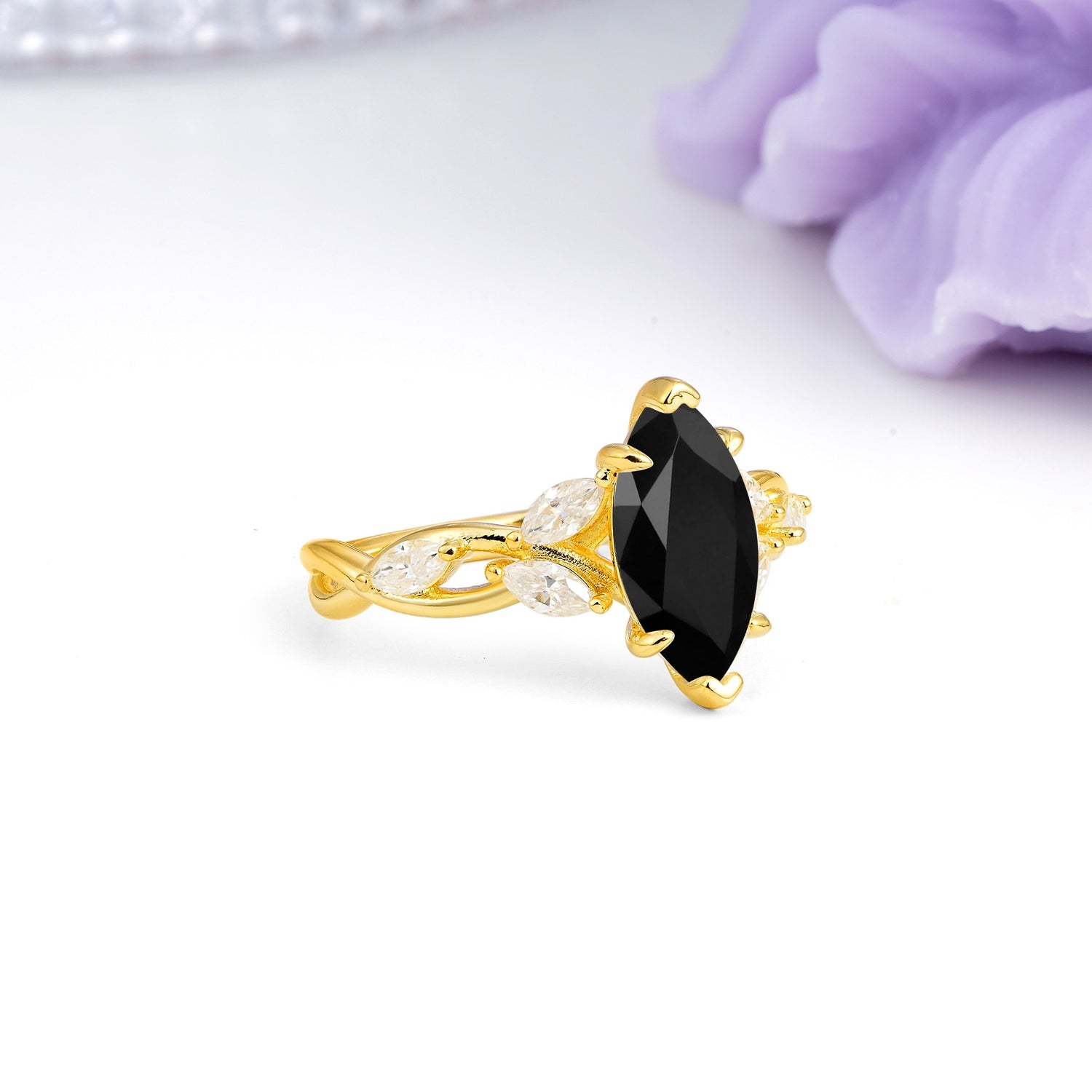 Elegant Forest Branch Multi Marquise Side Accent Long Marquise Cut Black Onyx Engagement Ring - Additional view