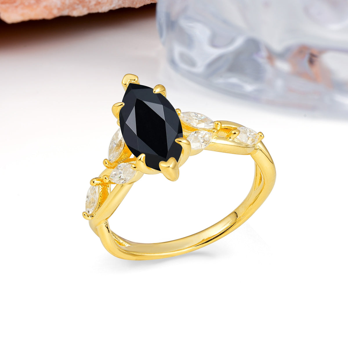 Elegant Forest Branch Multi Marquise Side Accent Long Marquise Cut Black Onyx Engagement Ring - Additional view