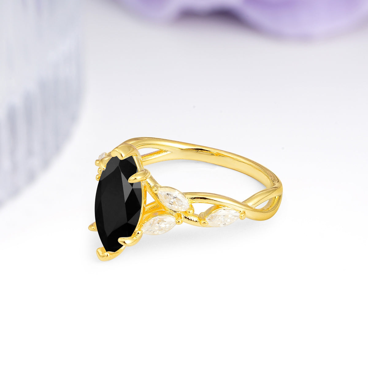 Elegant Forest Branch Multi Marquise Side Accent Long Marquise Cut Black Onyx Engagement Ring - Additional view