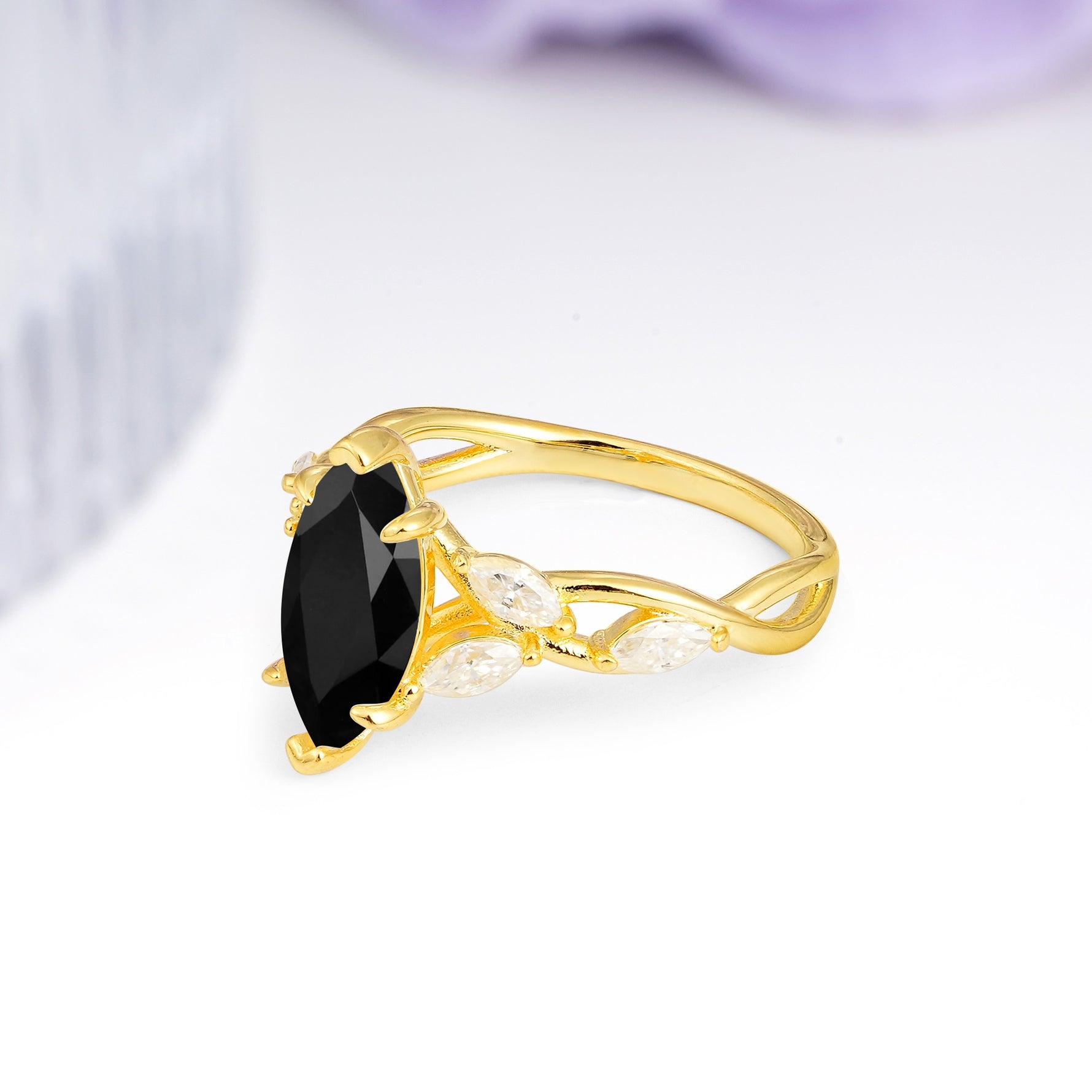 Elegant Forest Branch Multi Marquise Side Accent Long Marquise Cut Black Onyx Engagement Ring - Additional view